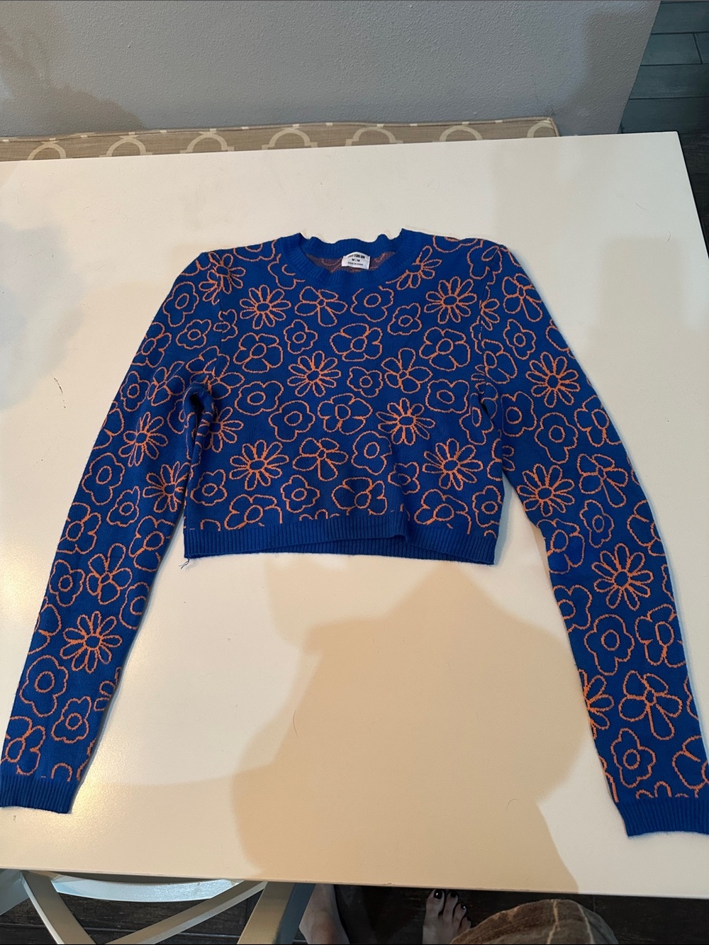 Cotton On Bright Blue Sweater with Orange Floral Knit
